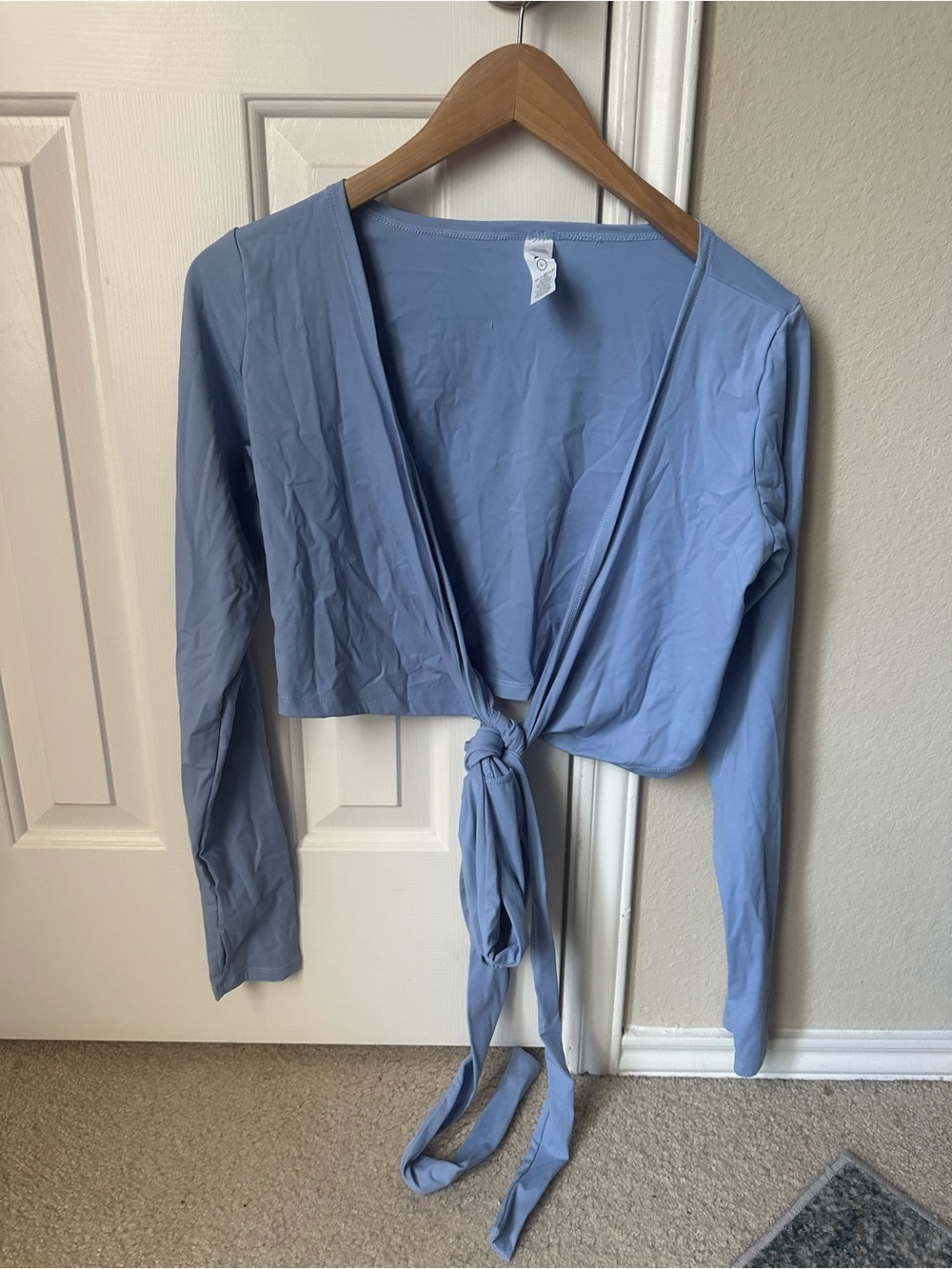 Balance Athletica Vitality Wrap Tie-Front Long Sleeve Crop Top - Dusty Blue